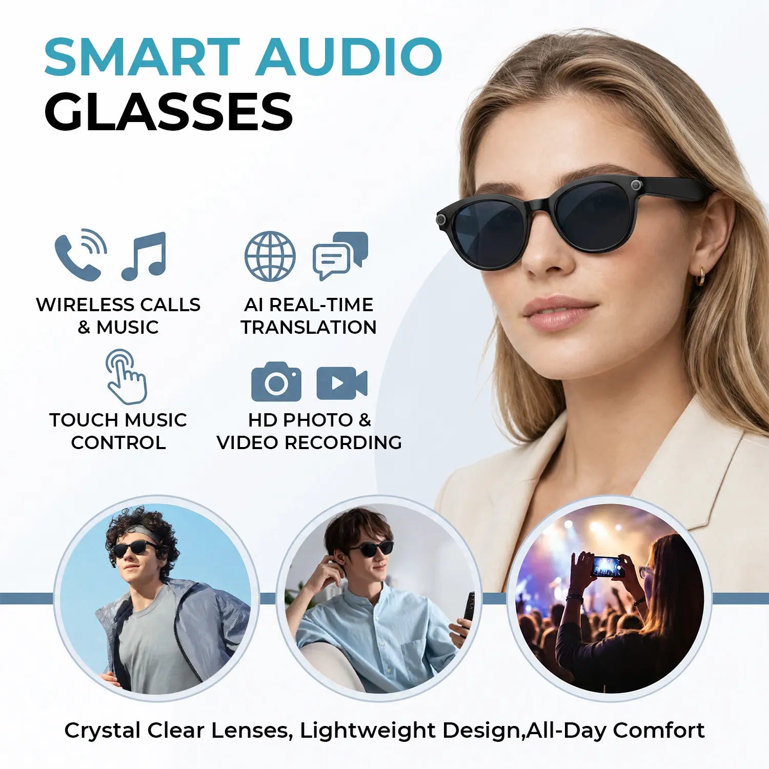 800W HD Smart Sport Glasses with AI Capabilities, Photo/Video Recording, Remote Shutter Control, Voice Assistant, Object Recognition, Bluetooth Connectivity for Music and Calls, Multilingual Translation, Lightweight Design, Meta Glasses