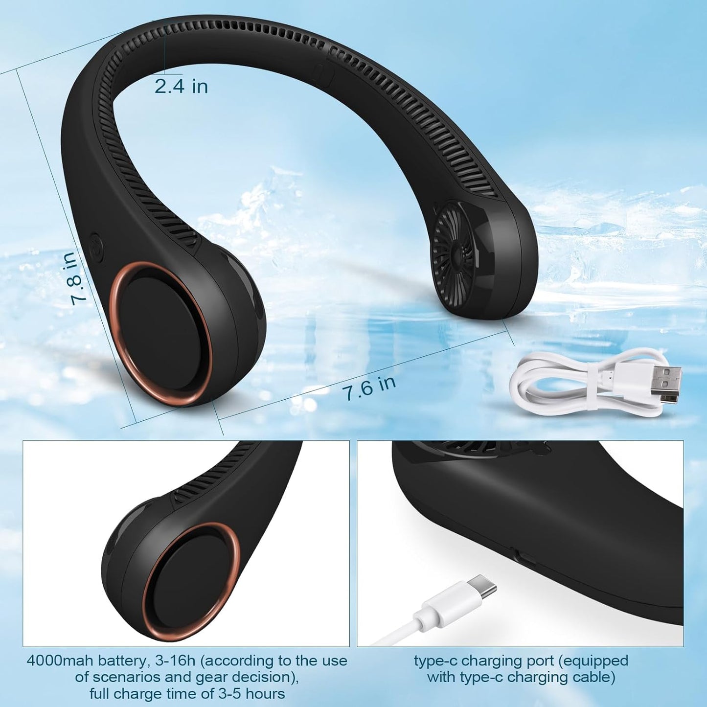 Neck Fan: Portable Personal Neck Cooling Rechargeable Bladeless Fan - Hands Free 3 Speed 4000 Mah Battery USB Operated Wearable Headphone Design - for Men Women Outdoor Indoor (Black)
