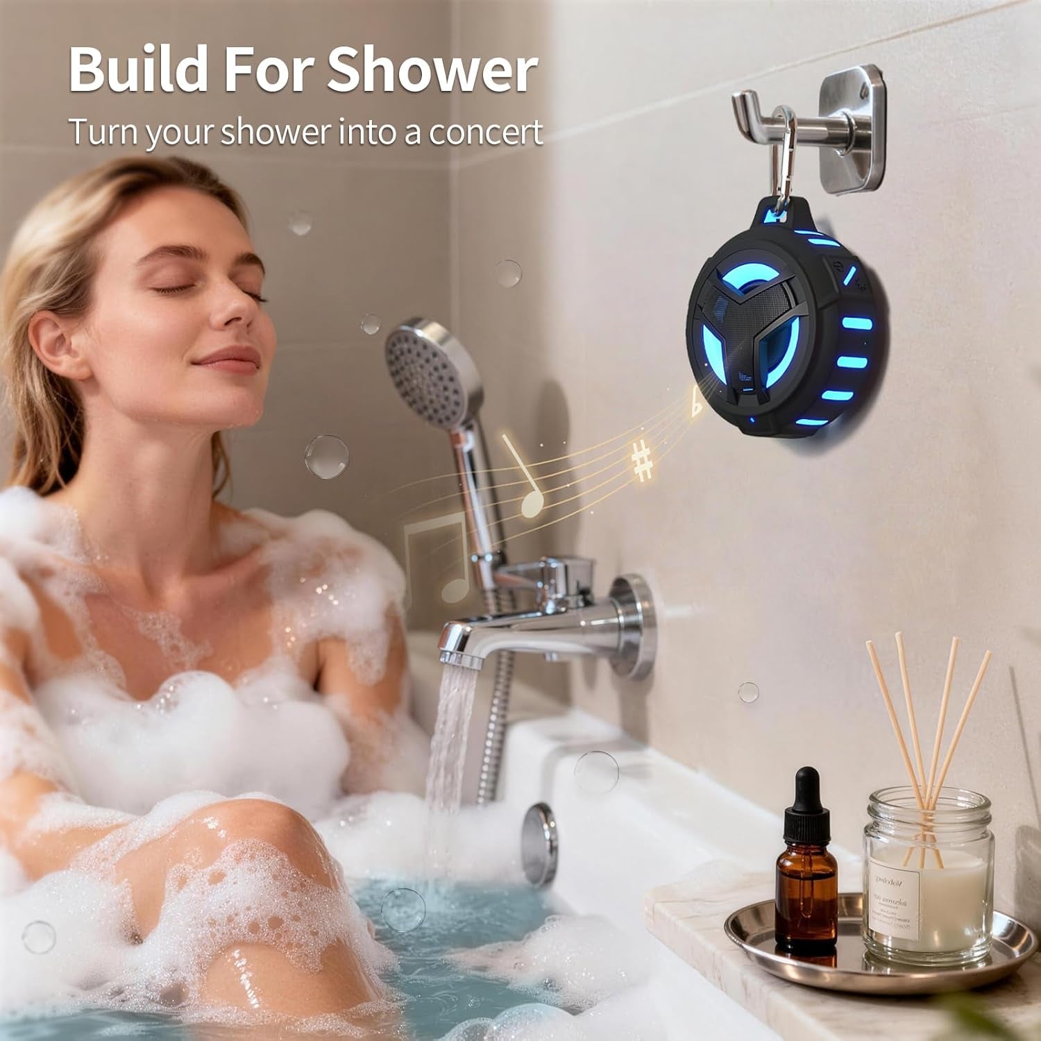 Bluetooth Shower Speaker, Waterproof Portable Bluetooth Speakers, TWS IP67 Waterproof Outdoor Speaker Wireless with LED Light, Floating, 2000Mah, Hands-Free for Shower, Pool, Beach, Bike -Black
