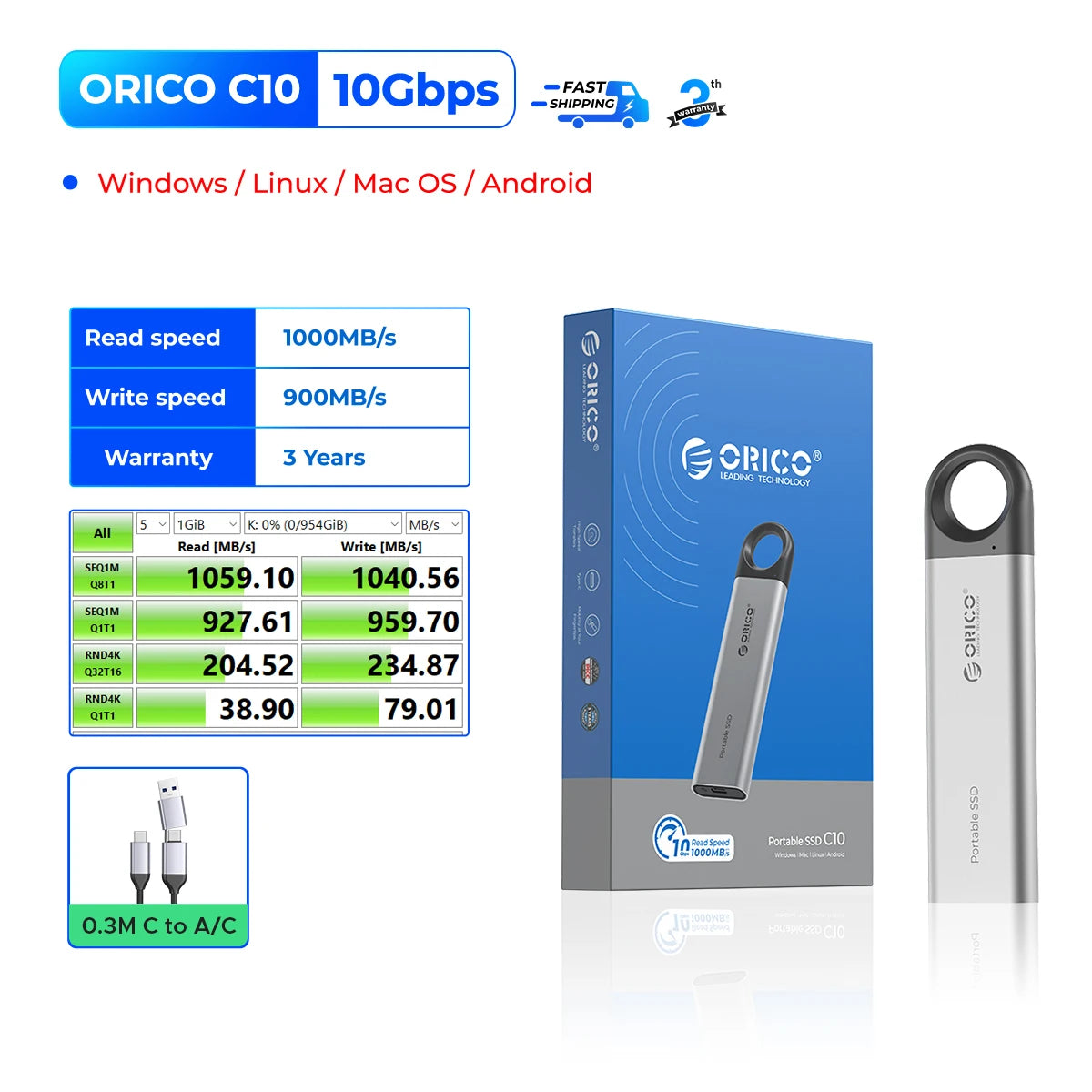 1TB External SSD up to 1050Mb/S 550Mb/S, Hanging Hole Design Portable Solid State Drive, USB C&A 2 in 1 Cable