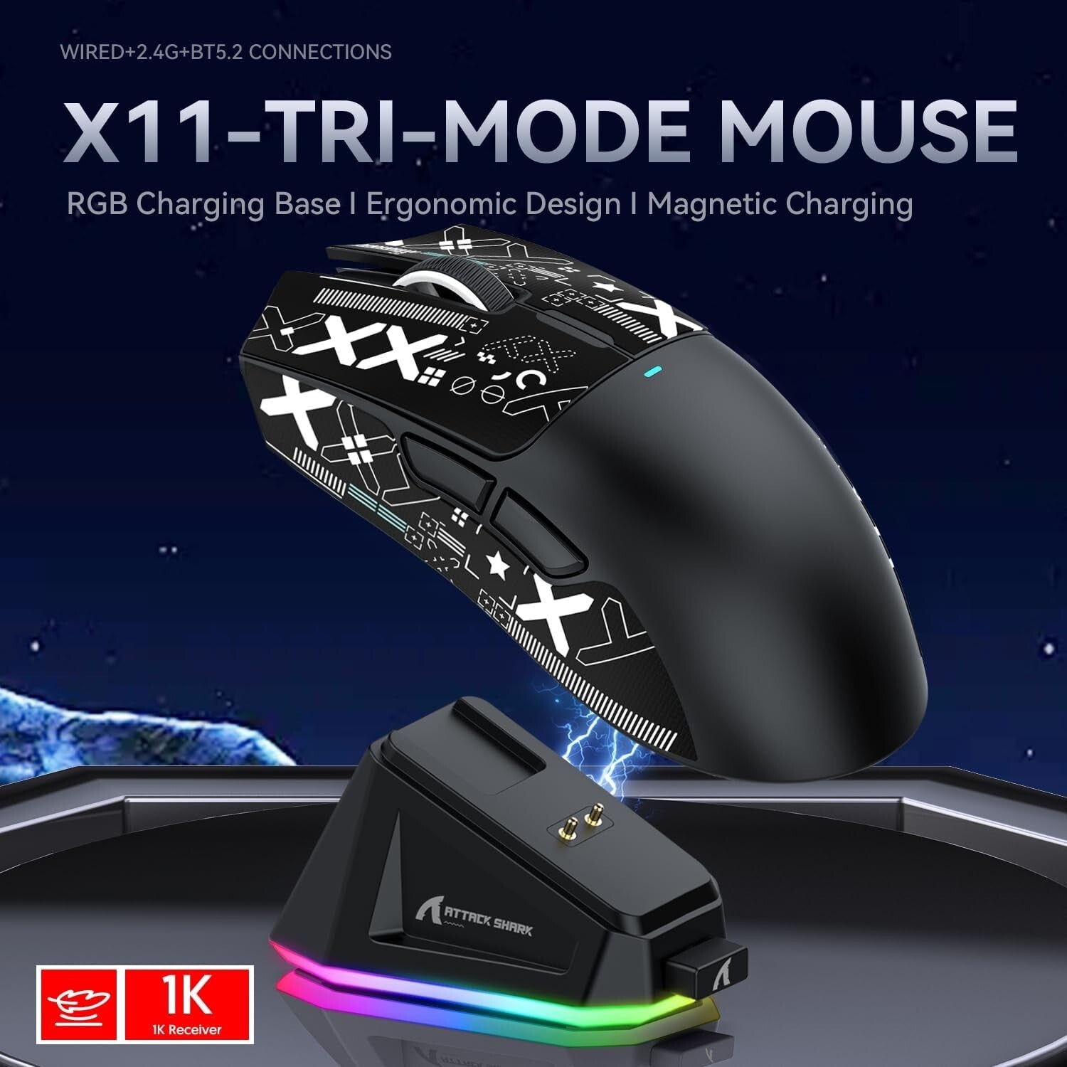 ATTACK SHARK X11 Tri-Mode Wireless Gaming Mouse with RGB Charging Dock, 22000DPI