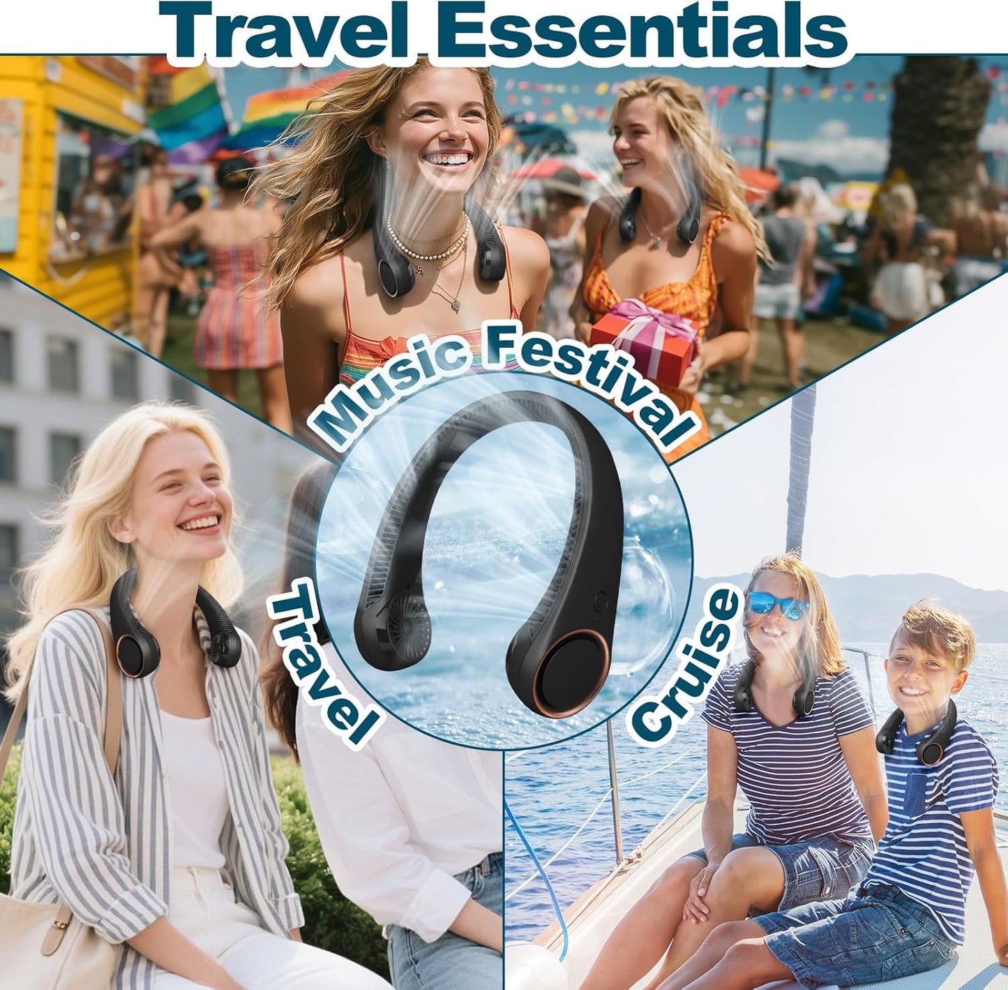 Neck Fan: Portable Personal Neck Cooling Rechargeable Bladeless Fan - Hands Free 3 Speed 4000 Mah Battery USB Operated Wearable Headphone Design - for Men Women Outdoor Indoor (Black)