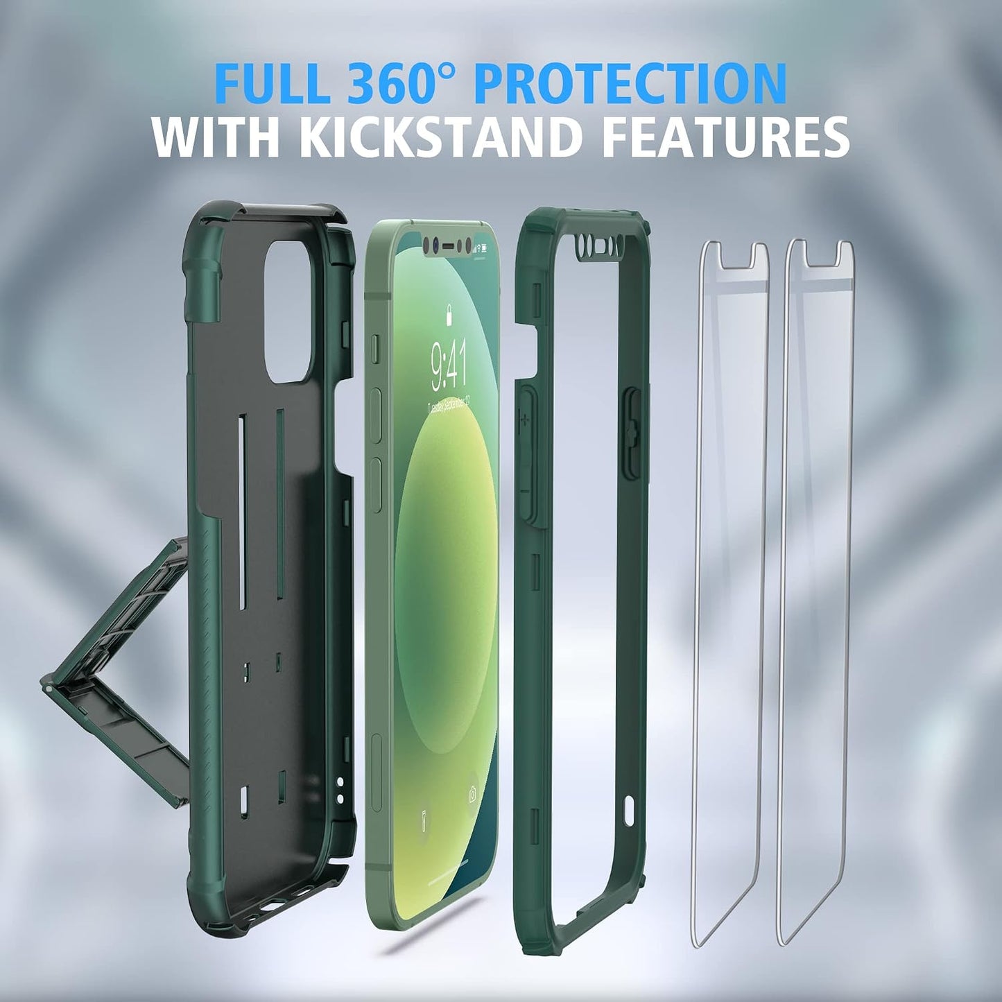 Compatible with Iphone 12 Case, Iphone 12 Pro Case With[2 X Tempered Glass Screen Protectors][Built-In Kickstand]Shockproof 360 Full Body Protective Silicone Bumper Cover-Darkgreen - Darkgreen