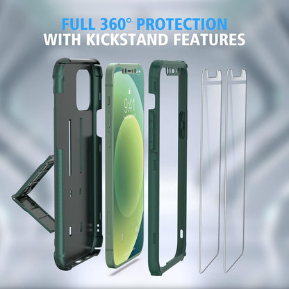 Compatible with Iphone 12 Case, Iphone 12 Pro Case With[2 X Tempered Glass Screen Protectors][Built-In Kickstand]Shockproof 360 Full Body Protective Silicone Bumper Cover-Darkgreen - Darkgreen