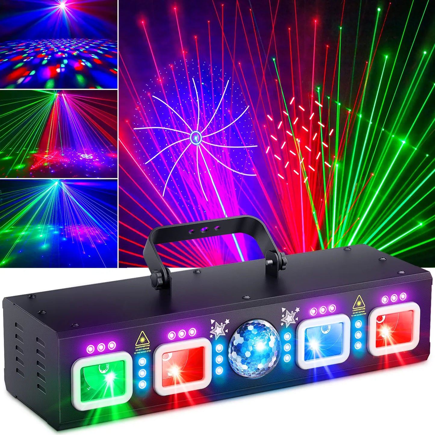 Professional 6-in-1 DMX and Sound-Activated Laser Light Show System with Disco Ball, RGBW, and UV Strobe Lights for Indoor Events, Raves, Clubs, and DJ Performances