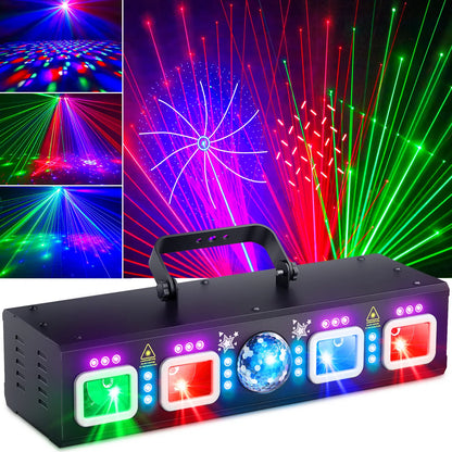 Professional 6-in-1 DMX and Sound-Activated Laser Light Show System with Disco Ball, RGBW, and UV Strobe Lights for Indoor Events, Raves, Clubs, and DJ Performances
