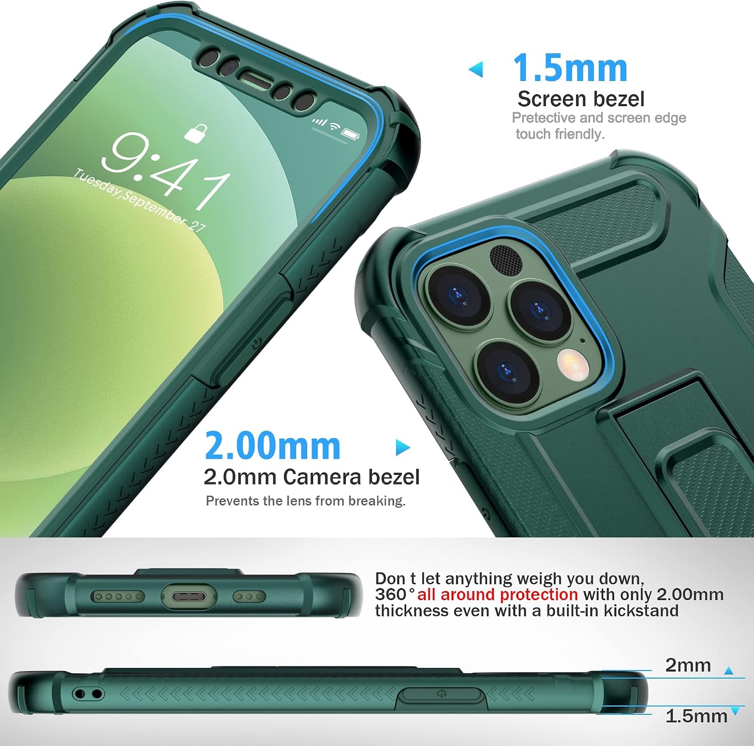 Compatible with Iphone 12 Case, Iphone 12 Pro Case With[2 X Tempered Glass Screen Protectors][Built-In Kickstand]Shockproof 360 Full Body Protective Silicone Bumper Cover-Darkgreen - Darkgreen