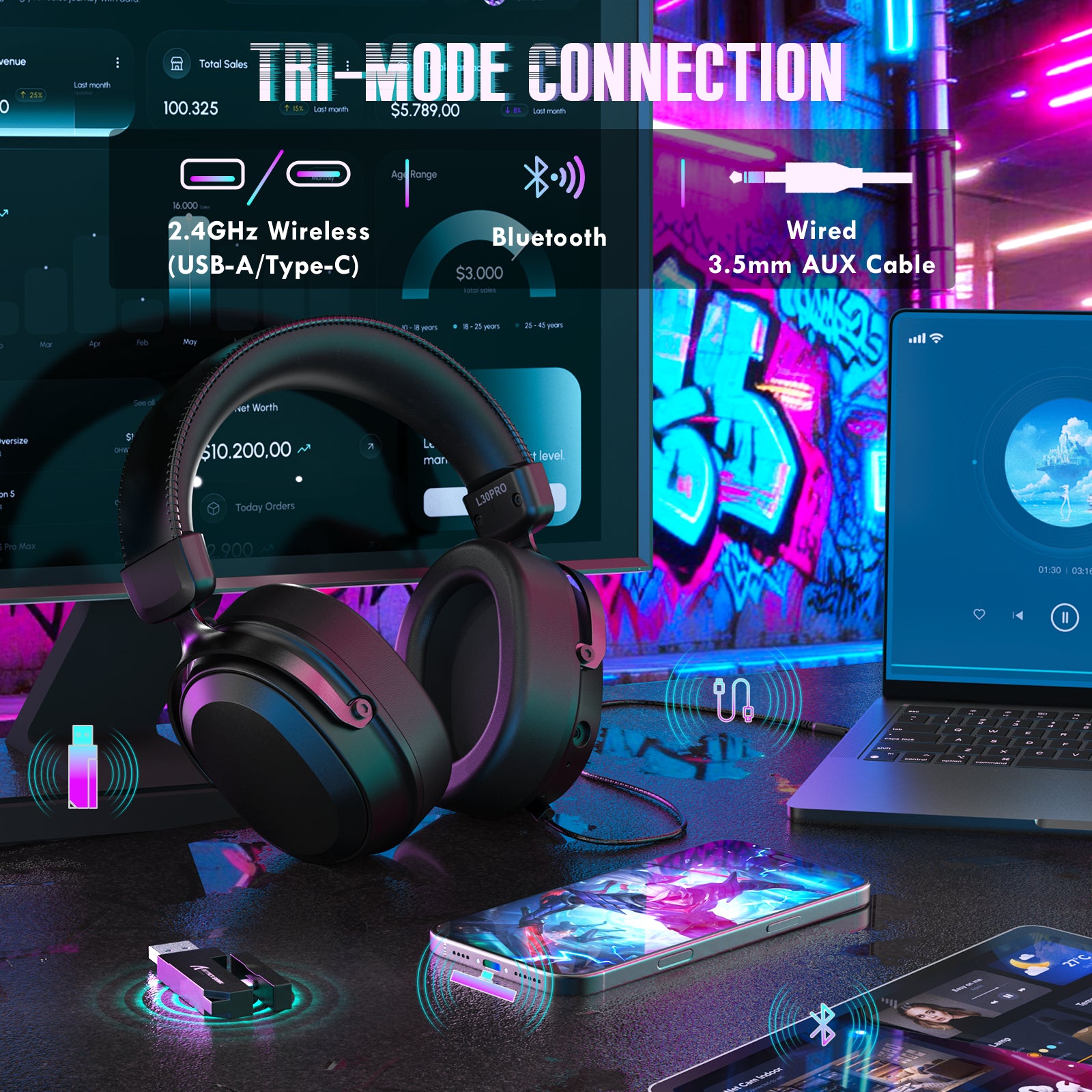 ATTACK SHARK L30Pro Wireless Gaming Headset, Detachable Microphone 7.1 Surround