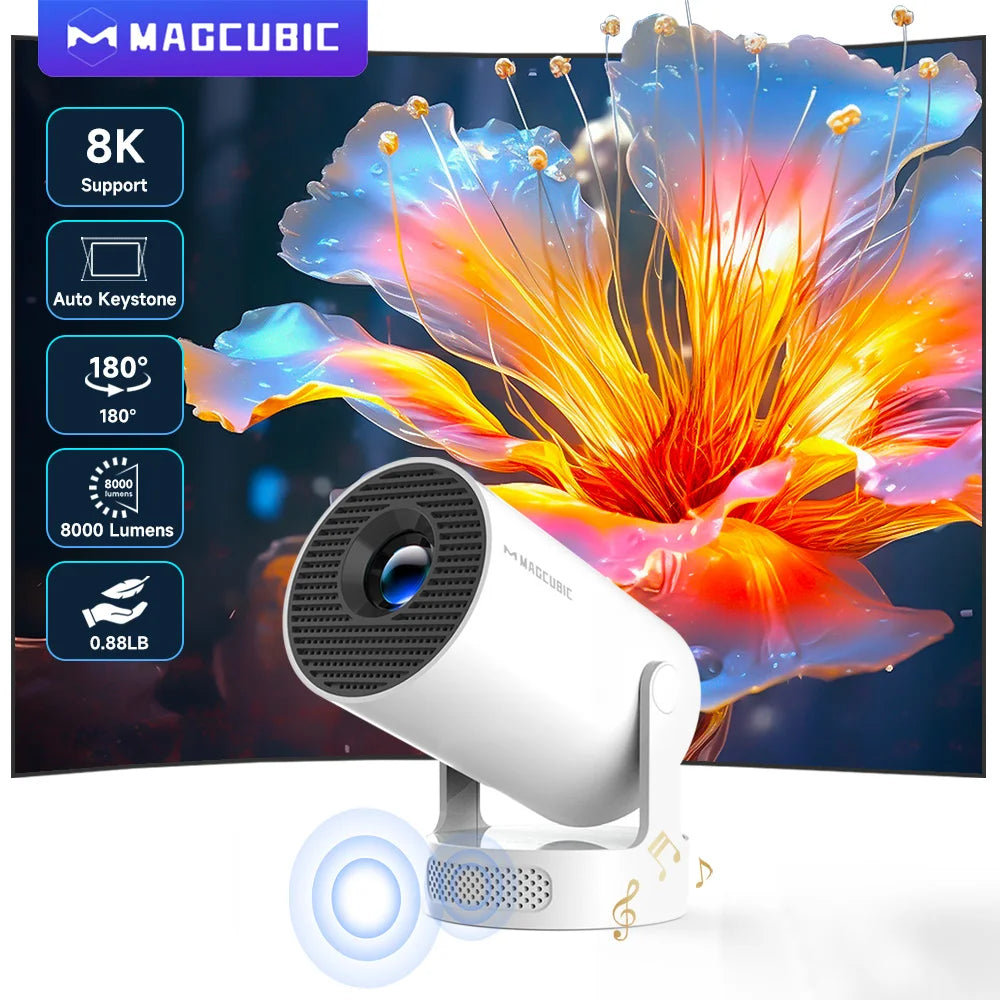 Projector Android 14 8K 1280*720P Hy300Pro+ Dual Wifi 290ANSI 180°Flexible BT5.0 Cinema Outdoor Portable Projector