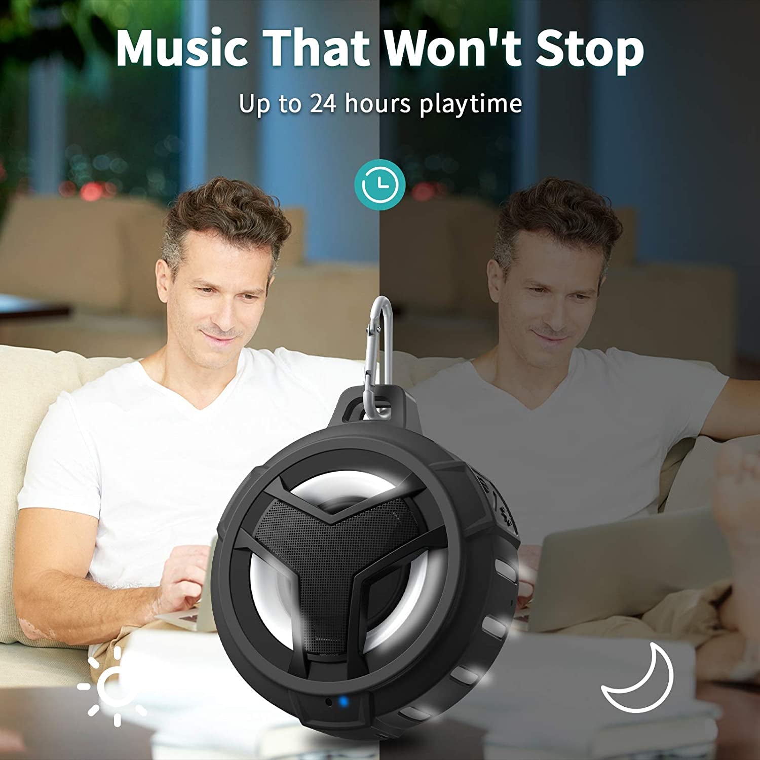 Bluetooth Shower Speaker, Waterproof Portable Bluetooth Speakers, TWS IP67 Waterproof Outdoor Speaker Wireless with LED Light, Floating, 2000Mah, Hands-Free for Shower, Pool, Beach, Bike -Black