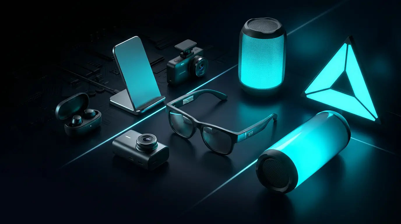 Technerds hero banner - tech gadgets glowing cyan on dark background