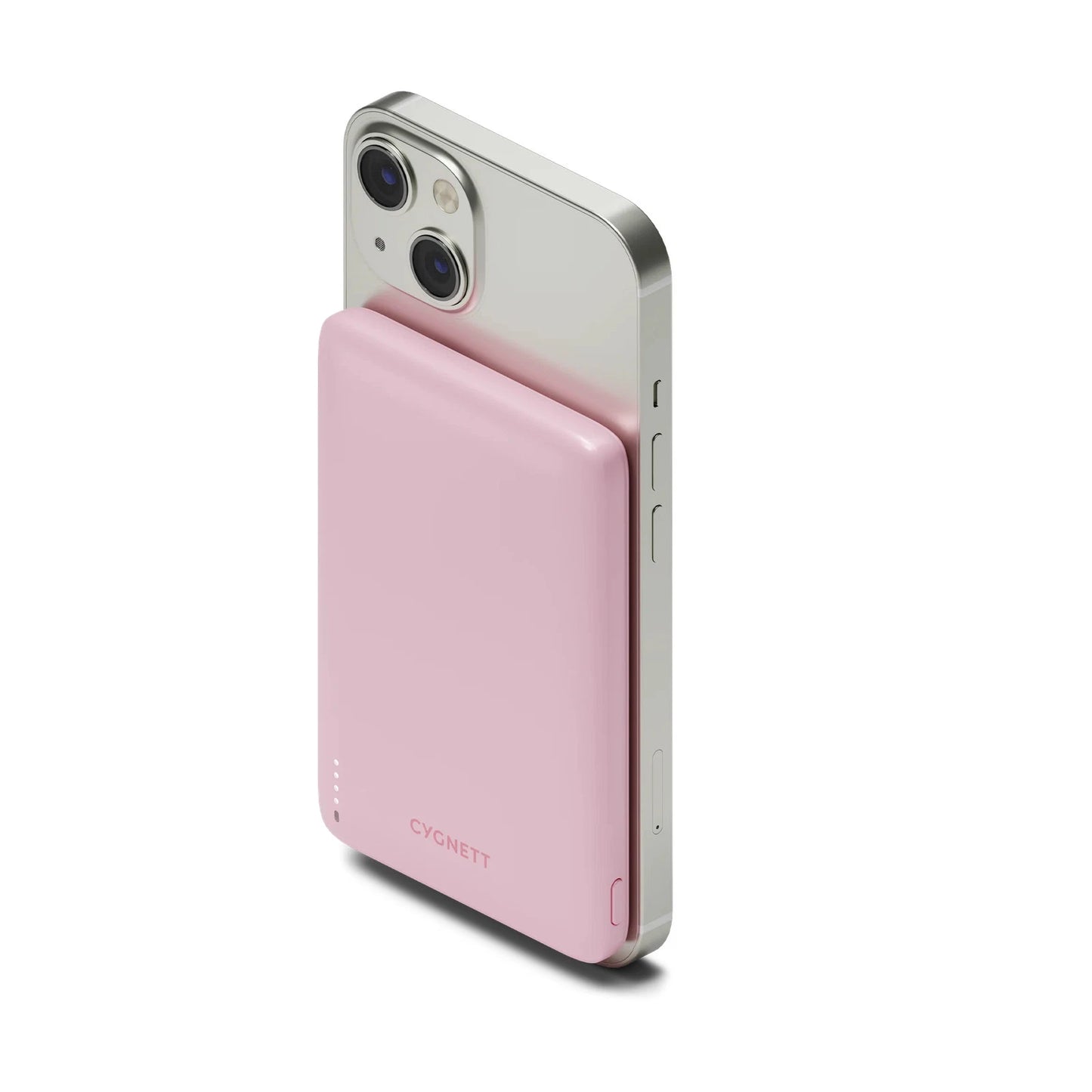 Cygnett Magnetic Wireless Power Bank 5K attached to iPhone, pink, HD product photo