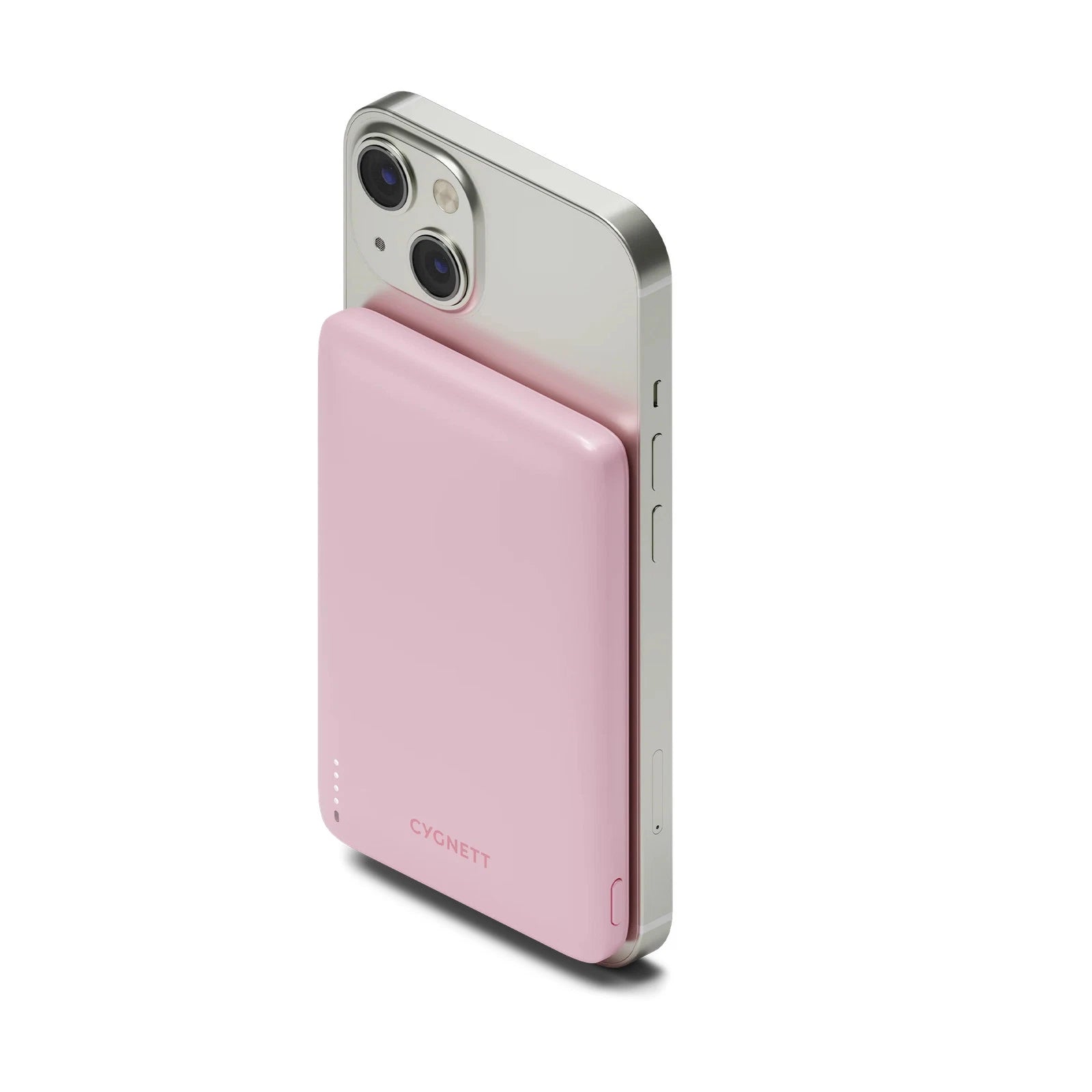 Cygnett Magnetic Wireless Power Bank 5K attached to iPhone, pink, HD product photo